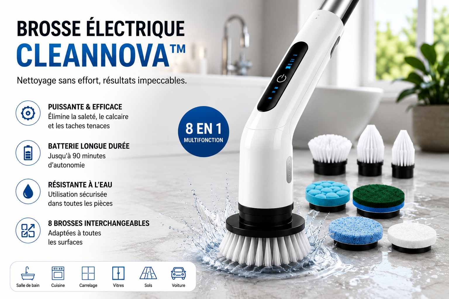 Brosse Électrique CleanNova™ – Nettoyage Sans Effort 8-en-1